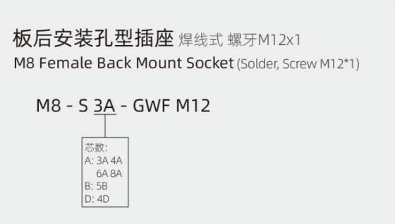 Industrial Grade M8 Female Back Mount Socket Right Angle IP67 with Solder Screw M12*1 for PCB 2P 3P 4P 4P Contacts Brass Copper