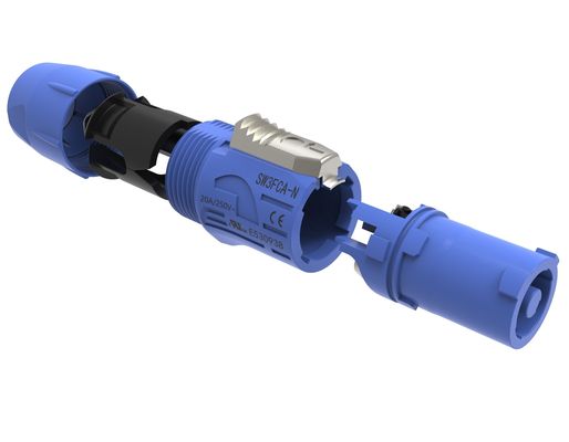 الاستخدام الداخلي IP44 Triple Core Male Powercon Connector 3 Pin Audio Video Input Port القابل للقفل Speakon Plug 20A 250V AC الأزرق